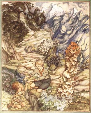 El rey del río Dorado le dio una botella al niño, ilustrador Arthur Rackham Pinturas al óleo